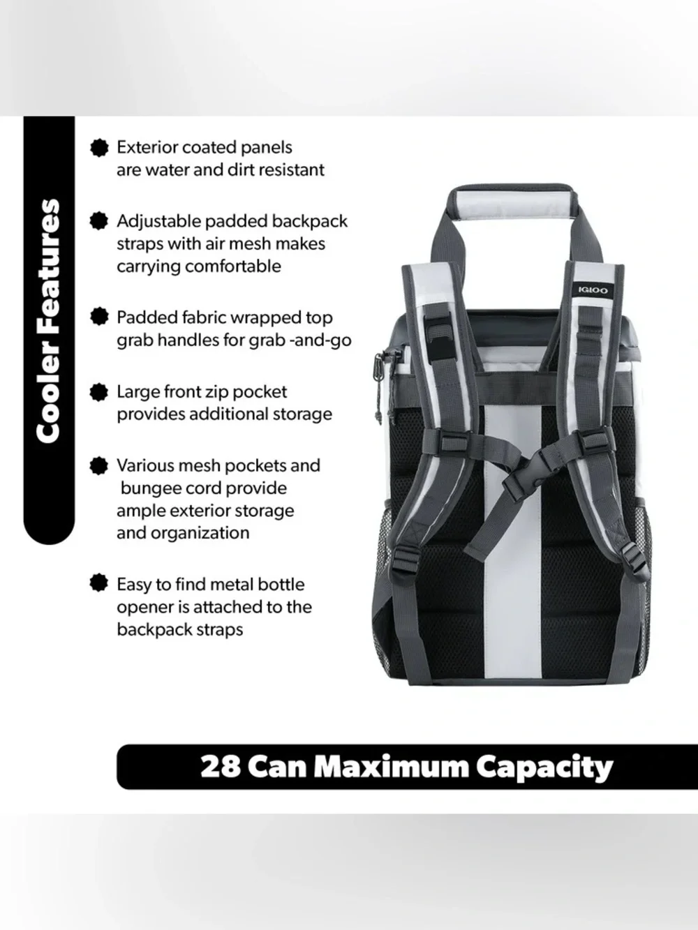 NWT Igloo Marine MaxCold 28 Can Backpack Cooler Soft Insulated White and Grey